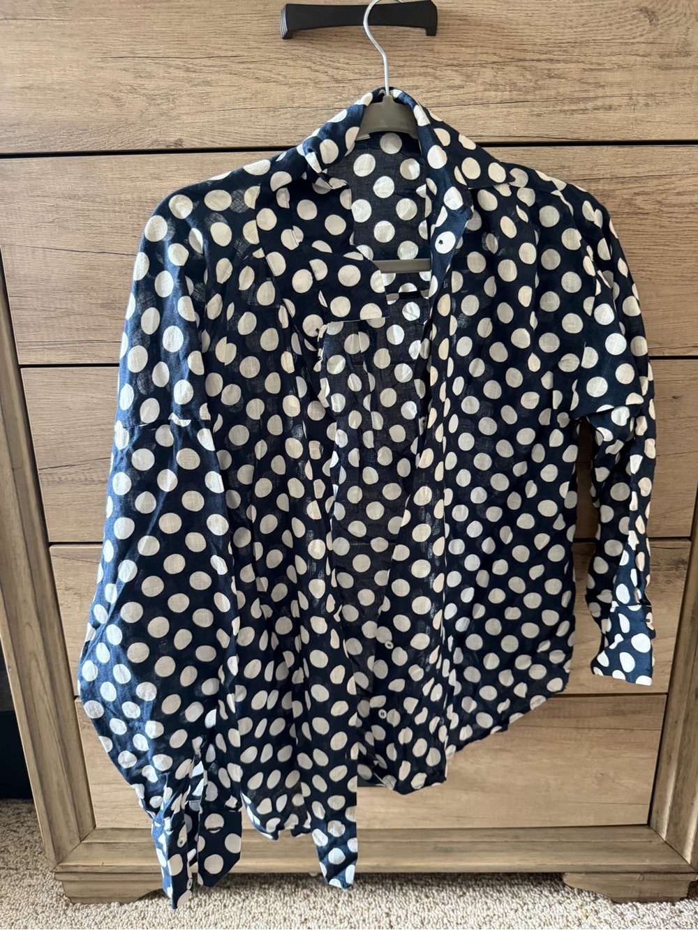 Women’s ZARA Navy Blue Polka Dot Button-Up Shirt